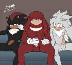 Rule 34 | 3boys, absurdres, armpits, blush, couch, erection, furry, furry with furry, gloves, highres, knuckles the echidna, multiple boys, muscular, muscular male, nervous smile, nude, on couch, purple eyes, red eyes, red hair, shadow the hedgehog, silver the hedgehog, sitting, smile, sonic (series), testicles, toodamncycle, white hair, yaoi, yellow eyes