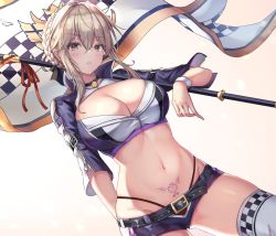 Rule 34 | 1girl, artoria pendragon (fate), artoria pendragon (lancer alter) (fate), bikini, blonde hair, blush, braid, breasts, cenangam, choker, cleavage, cleavage cutout, clothing cutout, dutch angle, fate/grand order, fate (series), flag, highleg, highleg bikini, highleg panties, highres, large breasts, looking at viewer, midriff, navel, panties, pubic tattoo, race queen, short shorts, shorts, shrug (clothing), simple background, skindentation, solo, standard bearer, standing, swimsuit, tattoo, thighhighs, underwear, white background, wristband, yellow eyes