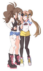 Rule 34 | 2girls, ankea (a-ramo-do), black footwear, black legwear, blue eyes, blue shorts, blue sleeves, blush, boots, brown hair, creatures (company), eye contact, floating hair, full body, game freak, grin, hair bun, hand on own hip, high ponytail, highres, hilda (pokemon), long hair, looking at another, multiple girls, nintendo, open mouth, pantyhose, pokemon, pokemon bw, pokemon bw2, print shirt, rosa (pokemon), shirt, short shorts, shorts, simple background, single hair bun, sketch, sleeveless, sleeveless shirt, smile, standing, torn clothes, torn shorts, twintails, very long hair, white background, white shirt, yellow shorts