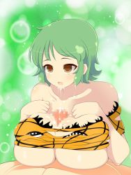 Rule 34 | 10s, 1girl, bare shoulders, blush, breasts, breasts squeezed together, censored, cleavage, clothed female nude male, cum, cum on body, cum on breasts, cum on hair, cum on upper body, facial, green hair, highres, hikage (senran kagura), huge breasts, joutarou, looking away, lying, mosaic censoring, nude, open mouth, paizuri, penis, senran kagura, shiny skin, short hair, simple background, solo focus, yellow eyes