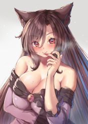 Rule 34 | 1girl, animal ears, bare shoulders, breasts, brooch, brown hair, cleavage, dress, grey background, imaizumi kagerou, jewelry, large breasts, long hair, long sleeves, nail polish, off shoulder, onomiya, red eyes, red nails, solo, sweat, touhou, wolf ears