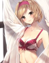 Rule 34 | 1girl, 218, bare shoulders, blush, bow, bow bra, bra, breasts, brown eyes, cleavage, closed mouth, collarbone, commentary request, curtain grab, curtains, day, djeeta (granblue fantasy), granblue fantasy, hairband, head tilt, indoors, light brown hair, looking at viewer, medium breasts, navel, pink bra, purple hairband, short hair, smile, solo, sunlight, transparent, underwear, window