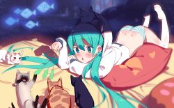 Rule 34 | 1girl, :o, afterimage, alternate costume, animal, animal ears, animal on head, aqua eyes, aqua hair, back, bad id, bad pixiv id, bed, bedroom, black cat, blush, blush stickers, can, cat, cat ears, cat on head, cat teaser, cattail, closet, cup, curtains, desk, drawer, fake animal ears, fish, hairband, hatsune miku, heart, heart print, hood, hoodie, indoors, lamp, long hair, long sleeves, lying, mug, no pants, no shoes, on bed, on head, on stomach, panties, paw print, pencil case, pet food, photo (object), pillow, plant, shadow, solo, sparrow (xici9527), stole, striped clothes, striped panties, thighhighs, twintails, underwear, very long hair, vocaloid, white thighhighs, x x, yarn, yarn ball