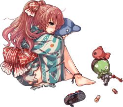 Rule 34 | 1girl, acea4, animal print, bad id, bad twitter id, bag, brown eyes, brown hair, burnt clothes, hugging doll, fish, fish print, food print, full body, goldfish, goldfish print, gun, japanese clothes, kantai collection, kimono, leaf print, long hair, hugging object, official art, ponytail, sandals, unworn sandals, satchel, scale print, shell casing, sitting, solo, stuffed animal, stuffed dolphin, stuffed fish, stuffed toy, tears, transparent background, wavy hair, weapon, yashiro (kancolle), yukata