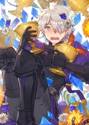Rule 34 | 1boy, black gloves, blush, boots, capelet, crystal, cup, fate/grand order, fate (series), galahad (fate), gloves, chalice, grand dobu, hair over one eye, highres, looking at viewer, male focus, medal, open mouth, silver hair, simple background, sitting, solo, sweatdrop, white background, yellow eyes