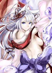 Rule 34 | 10s, 1girl, animal ears, arched back, arm up, backless outfit, bare back, blue eyes, bow, breasts, detached sleeves, erune, fox ears, fox tail, from behind, fur trim, granblue fantasy, hair ornament, highres, kz nagomiya, long hair, looking at viewer, looking back, sideboob, silver hair, smile, societte (granblue fantasy), solo, tail, two-tone background, very long hair