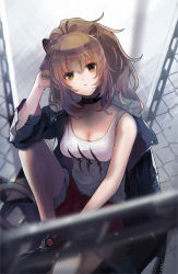 Rule 34 | 1girl, animal ears, arknights, black choker, black footwear, black jacket, black nails, blurry, breasts, brown hair, candy, chain-link fence, choker, cleavage, closed mouth, commentary, depth of field, fence, food, fur-trimmed jacket, fur-trimmed shorts, fur trim, hair between eyes, highres, holding, holding candy, holding food, holding lollipop, jacket, lion ears, lion tail, lollipop, long hair, looking at viewer, medium breasts, nail polish, off shoulder, open clothes, open jacket, outdoors, ponytail, red shorts, shimasato, shoes, short shorts, shorts, siege (arknights), sitting, sleeveless, solo, studded choker, tail, tank top, white tank top, yellow eyes