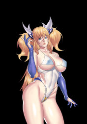 Rule 34 | 1girl, absurdres, bare shoulders, blonde hair, blue eyes, breasts, cleavage, curvy, highleg, highleg leotard, highres, huge breasts, large breasts, leotard, long hair, looking at viewer, mycele, nipples, onizaki kirara, revealing clothes, shiny skin, solo, taimanin (series), taimanin rpgx, taimanin suit, thong leotard, twintails, wide hips