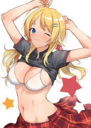 Rule 34 | 1girl, absurdres, ahoge, arms up, black shirt, blonde hair, blue eyes, blush, bra, breasts, cleavage, closed mouth, clothes lift, doushimasho, fingernails, hachimiya meguru, hair ornament, hairclip, highres, idolmaster, idolmaster shiny colors, large breasts, light smile, long hair, looking at viewer, low twintails, navel, one eye closed, plaid, plaid skirt, pleated skirt, red skirt, shirt, shirt lift, short sleeves, simple background, skirt, solo, star (symbol), star hair ornament, stomach, twintails, underwear, white background, white bra