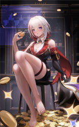 Rule 34 | 1girl, bare shoulders, barefoot, black gloves, blush, bottle, breasts, cleavage, coin, elbow gloves, gloves, hair ornament, highres, honkai: star rail, honkai (series), large breasts, ling dianxia, looking at viewer, purple eyes, red hair, single glove, sitting, smile, solo, stool, topaz (honkai: star rail), topper (nu carnival), white hair
