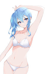 Rule 34 | 1girl, absurdres, arm up, armpits, blue eyes, blue hair, blush, bra, breasts, cleavage, collarbone, commentary, dreamoon, earrings, gluteal fold, highres, hololive, hoshimachi suisei, jewelry, long hair, looking at viewer, panties, side ponytail, simple background, small breasts, smile, solo, star (symbol), star earrings, star in eye, symbol in eye, thigh gap, underwear, virtual youtuber, white background, white bra, white panties