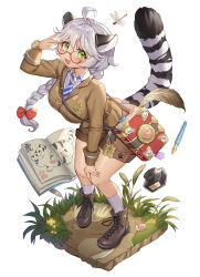 Rule 34 | 1girl, adjusting eyewear, animal ears, ankle boots, blouse, book, boots, braid, brown footwear, brown jacket, brown shorts, bug, collared shirt, cross-laced footwear, dragonfly, fang, faux figurine, feathers, full body, glasses, green eyes, hand on own knee, hand up, highres, hikimayu, ink bottle, insect, jacket, kneehighs, knees together feet apart, lace-up boots, leaning forward, long sleeves, looking at viewer, marinette, necktie, nib pen (object), open mouth, original, pen, round eyewear, shirt, shorts, shoulder strap, simple background, smile, snail, socks, solo, standing, tail, thick eyebrows, tiger ears, tiger girl, tiger tail, watch, white background, white hair, white shirt, white socks, wristwatch