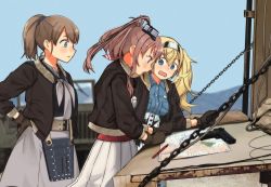 Rule 34 | 3girls, annin musou, bad id, bad twitter id, blonde hair, blue eyes, blue shirt, blush, breast pocket, brown gloves, brown hair, buttons, collared shirt, day, dress, gambier bay (kancolle), gloves, grey neckerchief, gun, hair between eyes, intrepid (kancolle), kantai collection, long hair, long sleeves, map, multiple girls, neckerchief, open mouth, pen, pocket, ponytail, saratoga (kancolle), shirt, side ponytail, twintails, weapon, white dress