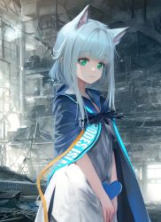 Rule 34 | 1girl, absurdres, animal ears, arknights, black cape, cape, cat ears, cat girl, clothes, cowboy shot, dress, extra ears, green eyes, grey hair, heart, highres, looking at viewer, rosmontis (arknights), ruins, short hair with long locks, solo, welt (kinsei koutenkyoku), white dress