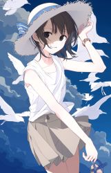 Rule 34 | 1girl, animal, aspara, bare arms, belt, bird, black eyes, black hair, blue bow, blue ribbon, blue sky, bow, buttons, cloud, collarbone, cowboy shot, day, flat chest, hand on headwear, hand up, hat, hat bow, hat ribbon, highres, holding, holding shoes, looking at viewer, miniskirt, ocean, original, pleated skirt, ribbon, sandals, seagull, shade, shoes, short hair, skirt, sky, sleeveless, smile, solo, straw hat, striped, striped bow, summer, sun hat, swept bangs, unworn shoes, white hat, wind