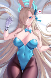 Rule 34 | 1girl, animal ears, asuna (blue archive), asuna (bunny) (blue archive), bare shoulders, blue archive, blue eyes, blue leotard, blue ribbon, blush, breasts, brown pantyhose, cleavage, detached collar, elbow gloves, fake animal ears, gloves, grin, hair over one eye, hair ribbon, halo, highleg, highleg leotard, highres, large breasts, leotard, light brown hair, long hair, looking at viewer, lying, mole, mole on breast, mrnn, on back, pantyhose, playboy bunny, rabbit ears, ribbon, smile, solo, thighs, very long hair, white gloves