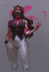 Rule 34 | 1girl, absurdres, black hair, black sclera, breasts, collared shirt, colored sclera, cropped legs, grey background, grey hair, hand in pocket, hand up, highres, large breasts, league of legends, lech3asada, long hair, mask, mouth mask, multicolored hair, necktie, pink eyes, pink shirt, renata glasc, shirt, simple background, solo, two-tone hair