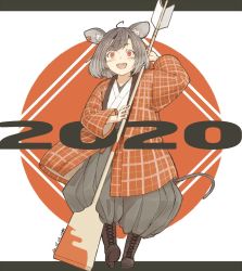 Rule 34 | 1girl, 2020, :d, ahoge, animal ears, baggy pants, black hair, boots, brown footwear, chinese zodiac, cross-laced footwear, grey pants, kawashina (momen silicon), lace-up boots, looking at viewer, mouse ears, new year, open mouth, original, pants, red eyes, short hair, smile, solo, year of the rat
