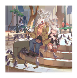 Rule 34 | 1boy, 1other, 2girls, :&gt;, absurdres, alternate costume, amiya (arknights), animal, animal ears, animal on head, antlers, arknights, bag, bicycle, bird, bird on head, black footwear, black shirt, black shorts, black skirt, black vest, blush stickers, boots, border, bread crust, brown hair, car, casual, city, closed mouth, coat, collared shirt, commentary, denim, doctor (arknights), dove, frostnova (arknights), fur-trimmed jacket, fur trim, green jacket, grey coat, grey shirt, hair between eyes, hair over one eye, highres, holding, holding animal, holding bag, holding bird, hood, hooded coat, horns, jacket, jeans, lamppost, leaf, long hair, long sleeves, mask, medium hair, motor vehicle, multiple girls, on head, one eye covered, open clothes, open jacket, orange footwear, orange shirt, pants, patriot (arknights), ponytail, rabbit ears, railing, red eyes, road, shirt, shoes, shopping bag, short sleeves, shorts, sitting, skirt, skirt set, skull mask, stairs, street, too many, too many birds, tree, verbalthought, vest, white border, white hair, white shirt