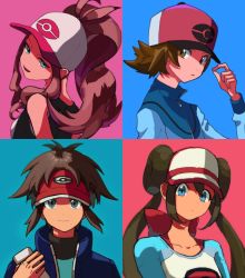 Rule 34 | 2boys, 2girls, baseball cap, blue eyes, closed mouth, collarbone, commentary, creatures (company), double bun, face, game freak, grey eyes, hair bun, hat, highres, hilbert (pokemon), hilda (pokemon), looking at viewer, multiple boys, multiple girls, nate (pokemon), nintendo, pokemon, pokemon bw, pokemon bw2, rifu (hunihuni1130), rosa (pokemon), smile, twintails, two-tone background, zipper