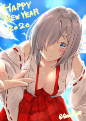 Rule 34 | 1girl, 2020, areola slip, blue eyes, blue sky, blush, breasts, cleavage, closed mouth, cloud, collarbone, day, detached sleeves, downblouse, from below, hair ornament, hair over one eye, hairclip, hakama, hakama skirt, hamakaze (kancolle), hanging breasts, happy new year, japanese clothes, kantai collection, large breasts, leaning forward, looking at viewer, miko, nagi (shunsuke-manage), new year, no bra, open clothes, outdoors, outstretched arm, reaching, reaching towards viewer, red hakama, short hair, silver hair, skirt, sky, smile, solo, standing, twitter username, wide sleeves