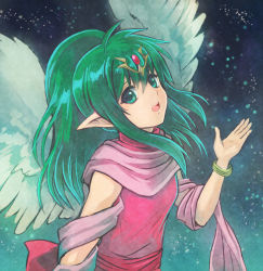 Rule 34 | 1girl, :d, akuru (akr369akr), aqua eyes, bracelet, dress, feathered wings, fire emblem, fire emblem: mystery of the emblem, gem, green hair, hair between eyes, hand up, headpiece, jewelry, long hair, nintendo, open mouth, pink dress, pointy ears, ponytail, red gemstone, red sash, sash, sleeveless, sleeveless dress, smile, solo, teeth, tiki (fire emblem), tiki (young) (fire emblem), turtleneck, turtleneck dress, upper teeth only, white wings, wings