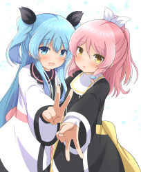 Rule 34 | 2girls, :d, :o, absurdres, black ribbon, blue eyes, blue hair, blush, bow, brown eyes, carol (sora no method), double v, dress, hair between eyes, hair bow, hair ornament, hair ribbon, highres, hug, long hair, long sleeves, looking at viewer, multiple girls, noel (sora no method), open mouth, outstretched arms, pink hair, ponytail, ribbon, sidelocks, simple background, sleeves past wrists, smile, snowflake background, snowflakes, sora no method, stargazer hope, twintails, two side up, v, very long hair, white background, white dress, white ribbon, wide sleeves