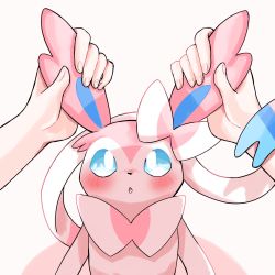 Rule 34 | 1other, :o, blue eyes, blush, commentary request, creatures (company), ear focus, grabbing another&#039;s ear, game freak, gen 6 pokemon, hand on another&#039;s ear, highres, holding, looking up, nintendo, open mouth, pokemon, pokemon (creature), surumeika (ninfiiiir), sylveon, tongue
