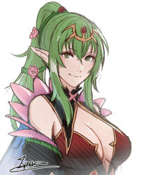 Rule 34 | 1girl, breasts, cleavage, cm lynarc, fire emblem, fire emblem awakening, fire emblem heroes, flower, green eyes, green hair, hair between eyes, hair flower, hair ornament, large breasts, looking at viewer, nintendo, official alternate costume, ponytail, signature, smile, solo, tiki (adult) (fire emblem), tiki (adult) (resplendent) (fire emblem), tiki (fire emblem), upper body, white background