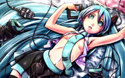 Rule 34 | 1girl, :o, aqua eyes, aqua hair, bare shoulders, bed, black thighhighs, breasts, cable, female focus, flat chest, hatsune miku, long hair, lying, microphone, navel, necktie, on back, open mouth, skirt, solo, taiji, thighhighs, twintails, undressing, vocaloid, zettai ryouiki