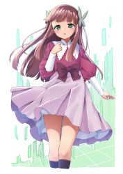 Rule 34 | 1girl, black socks, bow, brown bow, brown hair, butterfly hair ornament, commentary request, cropped legs, feet out of frame, green eyes, hair ornament, hand up, highres, iris.exe (mega man), kneehighs, long hair, long sleeves, looking at viewer, mega man (series), mega man battle network, mega man battle network (series), mega man battle network 6, parted lips, pink skirt, pleated skirt, puffy long sleeves, puffy sleeves, purple shirt, sekira ame, shirt, skirt, socks, solo, standing, very long hair