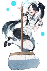 Rule 34 | 1girl, absurdres, apron, aris (blue archive), aris (maid) (blue archive), black dress, black footwear, black hair, blue archive, blue bow, blue bowtie, blue eyes, bow, bowtie, dress, floating, frills, full body, halo, highres, holding, holding mop, holding towel, light blush, long hair, maid, maid apron, maid headdress, mop, open mouth, parted bangs, ponytail, sidelocks, simple background, sugar (dndi888), thighhighs, towel, very long hair, white thighhighs, wrist cuffs
