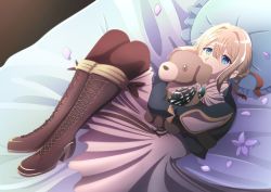 Rule 34 | 1girl, blonde hair, blue eyes, boots, brooch, cross-laced footwear, ferrumflos1st, flower, hair between eyes, highres, hugging doll, hugging object, jewelry, knee boots, kyoto animation, lace-up boots, legs together, lying, mechanical hands, on back, pillow, pink skirt, skirt, solo, stuffed animal, stuffed dog, stuffed toy, violet (flower), violet evergarden, violet evergarden (series)