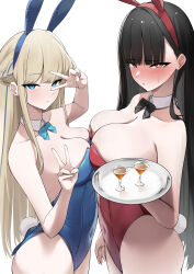 Rule 34 | 2girls, absurdres, amondo, animal ears, asymmetrical docking, black bow, black bowtie, black hair, blonde hair, blue archive, blue bow, blue bowtie, blue eyes, blue leotard, blush, bow, bowtie, braid, breast press, breasts, cleavage, covered navel, detached collar, double v, fake animal ears, fake tail, french braid, highres, holding, holding tray, large breasts, leotard, long hair, medium breasts, multicolored hair, multiple girls, playboy bunny, rabbit ears, rabbit tail, red eyes, red leotard, rio (blue archive), streaked hair, sweatdrop, tail, toki (blue archive), toki (bunny) (blue archive), tray, v, very long hair