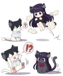 Rule 34 | !, 1boy, 1girl, ?, absurdres, animal ear fluff, animal ears, animalization, artist name, black hair, black sweater, cat, chibi, closed mouth, commentary, highres, j humbo, komi-san wa komyushou desu, komi shouko, long sleeves, looking at another, motion lines, no mouth, no nose, open mouth, purple eyes, purple hair, shirt, signature, spoken exclamation mark, spoken question mark, sweater, symbol-only commentary, tadano hitohito, white shirt