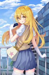 Rule 34 | + +, 1girl, bag, blonde hair, blue sky, blurry, blurry background, blush, breasts, brown bag, building, chain, cloud, cloudy sky, coma (light825), commentary request, controller, day, elbow gloves, from behind, gloves, highres, holding, long hair, looking at viewer, medium breasts, outdoors, pleated skirt, remote control, school uniform, shirt, shokuhou misaki, short sleeves, shoulder bag, skirt, sky, smile, solo, star (symbol), star print, sweater vest, symbol-shaped pupils, thighhighs, toaru kagaku no railgun, toaru majutsu no index, tongue, tongue out, white gloves, white shirt, white thighhighs, yellow eyes