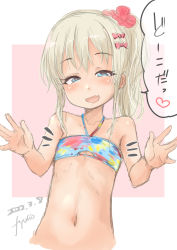 Rule 34 | 1girl, absurdres, bikini, blonde hair, blue bikini, commentary request, emphasis lines, flat chest, fyuo, grecale (kancolle), green eyes, hair ornament, hairclip, heart, heart-shaped pupils, highres, kantai collection, long hair, looking at viewer, one-hour drawing challenge, parody, ponytail, solo, sono bisque doll wa koi wo suru, swimsuit, symbol-shaped pupils, translated, upper body, wavy hair
