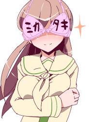 Rule 34 | 10s, 1girl, bra, bra on head, bra over eyes, breasts, brown hair, clothes writing, female pervert, kantai collection, large breasts, long hair, long sleeves, miuku (marine sapphire), neckerchief, object on head, ooi (kancolle), pervert, pink bra, remodel (kantai collection), school uniform, serafuku, simple background, smile, solo, sparkle, underwear, white background