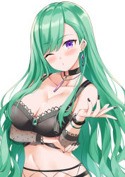 Rule 34 | 1girl, black collar, black nails, blowing kiss, blush, bracelet, breast hold, breasts, bustier, cleavage, collar, collarbone, commentary, earrings, fishnets, green hair, jewelry, kosuke (bb), large breasts, long hair, looking at viewer, mole, mole on breast, nail polish, navel, one eye closed, pendant, puckered lips, purple eyes, see-through, see-through sleeves, simple background, smile, solo, stomach, swept bangs, upper body, virtual youtuber, vspo!, wavy hair, white background, yakumo beni, yakumo beni (1st costume)