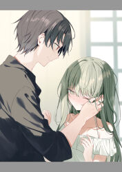 Rule 34 | 1boy, 1girl, averting eyes, bare shoulders, black hair, black shirt, blush, cecilia (shiro seijo to kuro bokushi), closed mouth, collarbone, day, from side, green eyes, green hair, hands up, hetero, holding another&#039;s hair, indoors, kazutake hazano, lawrence (shiro seijo to kuro bokushi), letterboxed, long hair, looking at viewer, nose blush, off-shoulder shirt, off shoulder, one eye closed, profile, red eyes, shiro seijo to kuro bokushi, shirt, short hair, smile, straight hair, upper body, white shirt, window