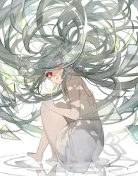 Rule 34 | 1girl, bare arms, bare legs, bare shoulders, barefoot, crying, dress, floating hair, from behind, full body, green hair, grey hair, hair over one eye, hand on own chest, hand on own knee, highres, karo (karohroka), knees up, long hair, looking at viewer, looking back, original, parted lips, ripples, simple background, sitting, sleeveless, sleeveless dress, solo, sundress, tears, tentacles, torn clothes, torn dress, very long hair, white background, white dress