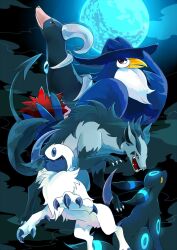 Rule 34 | absol, alternate color, animal focus, bad id, bad pixiv id, blue eyes, claws, cloud, colored sclera, creatures (company), curled horns, full moon, game freak, gen 2 pokemon, gen 3 pokemon, gen 4 pokemon, glowing, glowing markings, hat, honchkrow, horns, houndoom, jira007, mightyena, moon, night, nintendo, no humans, pokemon, pokemon (creature), red eyes, sharp teeth, shiny pokemon, single horn, teeth, umbreon, white hair, yellow sclera