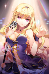 Rule 34 | 1girl, blonde hair, choker, dress, gilse, hairband, linia pacifica, long hair, microphone, microphone stand, navel, pink eyes, ribbon, smile, solo, sparkle, spotlight, sword girls, wristband