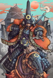 Rule 34 | 1boy, absurdres, animal, architecture, armor, banner, barding, commentary, ds hand55, east asian architecture, gloves, helmet, highres, holding, holding weapon, horse, horseback riding, hototogisu tairan, japanese armor, kabuto (helmet), kote, male focus, manly, polearm, riding, shoulder armor, sode, weapon