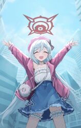 Rule 34 | 1girl, arms up, bag (chrko bag), blue archive, closed eyes, denim, denim skirt, grey hair, halo, highres, jacket, long hair, mutsuki (blue archive), open mouth, purple jacket, red eyes, red halo, skirt, smile, solo