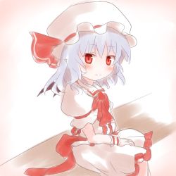 Rule 34 | 1girl, ascot, bat wings, blue hair, blush, female focus, hat, red eyes, remilia scarlet, shize (coletti), short hair, sitting, smile, solo, touhou, wings, wrist cuffs