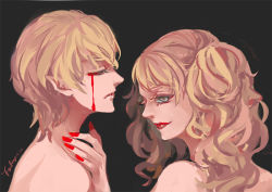 Rule 34 | 2girls, androgynous, bare shoulders, blonde hair, blood, bloody tears, cassandra (claymore), claymore (series), closed eyes, fantasyxing, grey eyes, hand on another&#039;s upper body, lips, long hair, long twintails, looking at viewer, makeup, multiple girls, nail polish, pointy ears, roxanne (claymore), short hair, signature, tears of blood, twintails, upper body, yuri