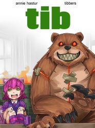 Rule 34 | 1girl, animal ears, annie (league of legends), cat ears, claws, exaxuxer, fake animal ears, green eyes, highres, league of legends, movie poster, parody, pink hair, short hair, ted (movie), tibbers