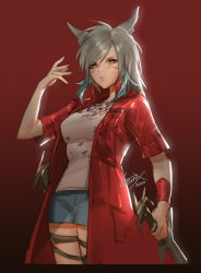 Rule 34 | 1girl, animal ears, breasts, brown eyes, cat ears, coat, cowboy shot, cropped legs, facial mark, facing viewer, final fantasy, final fantasy xiv, grey hair, holding, holding weapon, leirix, long hair, medium breasts, miqo&#039;te, open clothes, open coat, red background, short sleeves, shorts, sketch, solo, swept bangs, weapon, whisker markings
