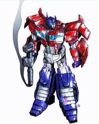 Rule 34 | absurdres, autobot, blue eyes, clenched hand, gun, highres, holding, holding gun, holding weapon, looking to the side, mecha, nasutetsu, no humans, optimus prime, robot, science fiction, solo, standing, transformers, weapon, white background